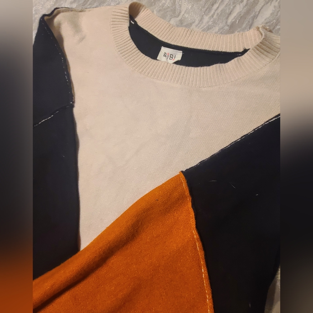 Bibi Bubble Sleeve Colorblock Sweater - Cream, Black, and Pumpkin Sz XL
